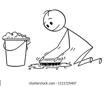 Cartoon Stick Drawing Conceptual Illustration Of Man Cleaning Or Brushing Floor With Scrubbing Brush.