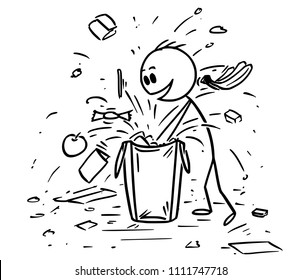 Cartoon stick drawing conceptual illustration of Ill-Mannered Child or Boy Messing Up the Shopping Bag While Looking for Gift or Candy.