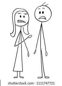 Cartoon stick drawing conceptual illustration of couple of man and woman standing stunned and shocked.