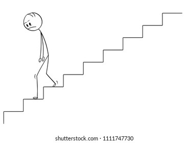 Cartoon stick drawing conceptual illustration of sad and depressed man or businessman walking downstairs. Business concept of failure and stress.