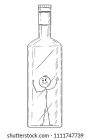 Cartoon stick drawing conceptual illustration of man standing inside of glass bottle. Concept of alcohol addiction or alcoholism.