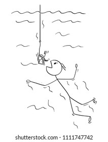 Cartoon stick drawing conceptual illustration of man or businessman swimming to be catch on dollar bill or money on fish hook. Business concept of bad investment and unfounded confidence.