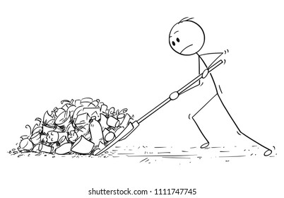 Cartoon stick drawing conceptual illustration of man with snow pusher or shovel shoveling the plastic waste.
