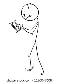 Cartoon stick drawing conceptual illustration of stressed man or businessman walking with mobile phone.