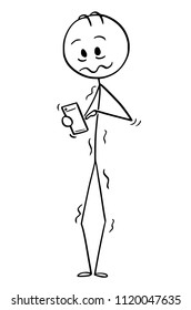 Cartoon stick drawing conceptual illustration of stressed man or businessman walking with mobile phone.