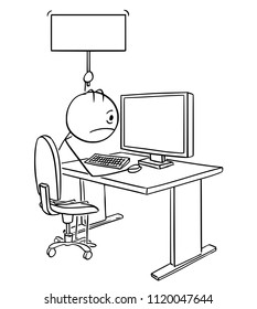 Cartoon stick drawing conceptual illustration of tired, stressed or unhappy man or businessman working on computer and holding empty or blank sign.