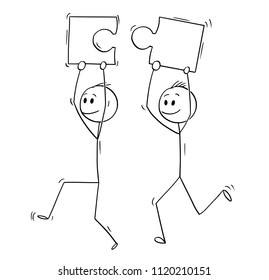 Cartoon stick drawing conceptual illustration of two men or businessmen holding jigsaw puzzle pieces matching together. Business concept of teamwork, problem and solution.