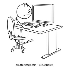 Cartoon stick drawing conceptual illustration of tired, stressed or unhappy man or businessman working on computer.