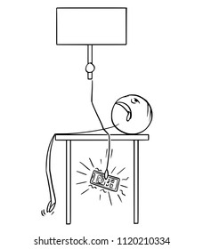 Cartoon stick drawing conceptual illustration of tired or overworked man or businessman lying on table or desk with ringing mobile phone in hand and holding empty sign for your text.