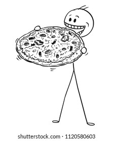 Cartoon stick drawing conceptual illustration of man eating big pizza.