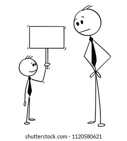 Cartoon stick drawing conceptual illustration of businessman looking at confident small boy holding empty sign. Business concept of creativity and motivation.