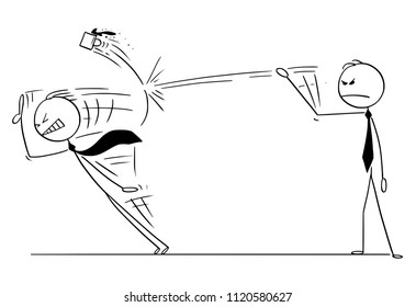 Cartoon stick drawing conceptual illustration of frustrated businessman ending another man's speech by hitting him by coffee cup. Concept of frustration.