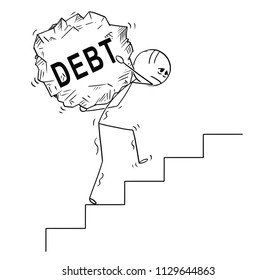 Cartoon stick drawing conceptual illustration of man or businessman carrying big piece of rock with text debt upstairs.Business concept of financial problem.