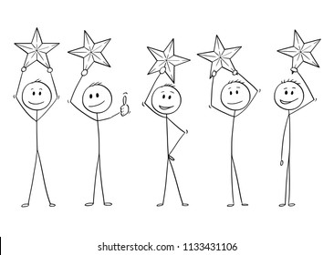 Cartoon Stick Drawing Conceptual Illustration Of Five Men Or Businessmen, Each Of Them Is Holding Star Above His Head.