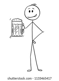 Cartoon stick drawing conceptual illustration of man holding half-litre or half-liter or pint or mug of beer.