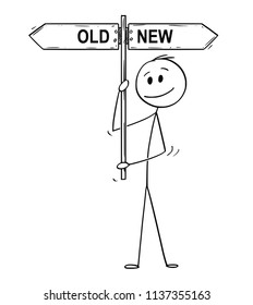 Cartoon stick drawing conceptual illustration of man or businessman holding arrow signpost or guide post or sign with old or new text.