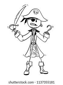 Cartoon stick drawing conceptual illustration of pirate with eye patch, sabre and hook.