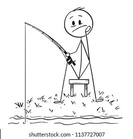 Cartoon stick drawing conceptual illustration of man or fisherman sitting on the shore of lake or river and fishing patiently.