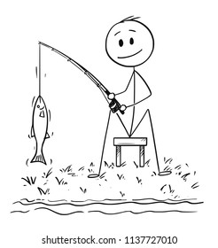 Cartoon stick drawing conceptual illustration of man or fisherman sitting on the shore of lake or river and catching a fish.