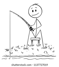 Cartoon stick drawing conceptual illustration of man or fisherman sitting on the shore of lake or river and fishing patiently.