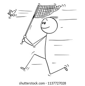 Cartoon stick drawing conceptual illustration of man running with net and catching a butterfly.