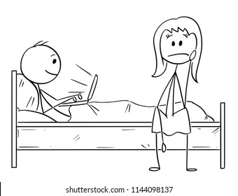 Cartoon stick drawing conceptual illustration of sad or depressed woman sitting on bed while man is working on notebook computer. Concept workaholism and relationship problem.