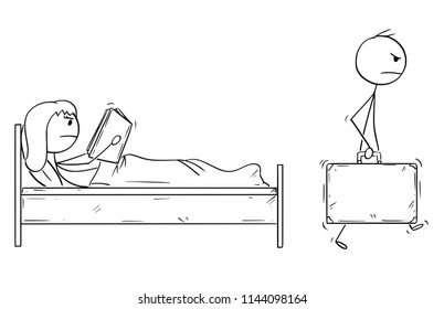 Cartoon stick drawing conceptual illustration of angry man leaving home and wife while wife is reading book in bed. Concept of relationship break-up.