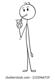 Cartoon stick drawing conceptual illustration of man drinking soda pop, water, fizzy drink or lemonade by straw.