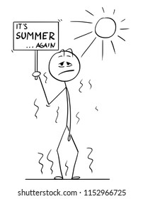 Cartoon stick drawing conceptual illustration of man standing on Sun in hot summer weather or heat and holding sign with it's summer again text in hand.