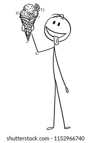 Cartoon stick drawing conceptual illustration of man enjoying and holding big tasty ice cream cone with wafer.