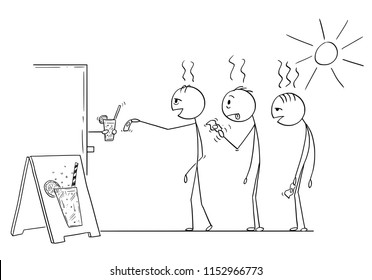 Cartoon stick drawing conceptual illustration of three men waiting in queue to buy soda,water or lemonade drink in hot summer weather.
