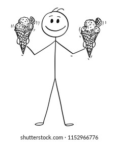 Cartoon stick drawing conceptual illustration of smiling man holding and offering two big ice cream cones with wafer.