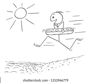 Cartoon stick drawing conceptual illustration of happy excited man with inflatable swimming ring running on the beach to water to enjoy summer vacation on seaside.