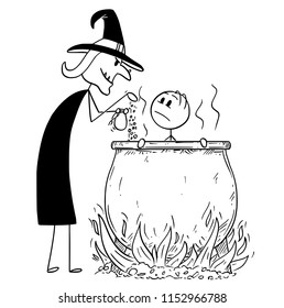 Cartoon stick drawing conceptual illustration of man boiled by evil witch in cauldron.