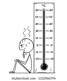 Cartoon stick drawing conceptual illustration of exhausted and overheated man sitting near big Celsius thermometer showing extreme hot weather or heat almost 50 degree.