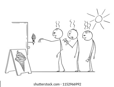 Cartoon stick drawing conceptual illustration of three men waiting in queue to buy ice cream in cone in hot summer weather.