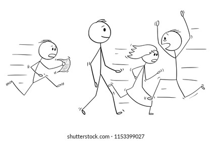 Cartoon stick drawing conceptual illustration of confident man or businessman walking slowly and calmly with crowd of people in stress running and hurrying around him. Business concept of self