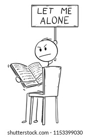 Cartoon stick drawing conceptual illustration of annoyed man sitting on chair and reading a book. He is looking angry, because is disturbed by viewer and holding let me alone sign.