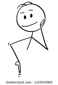Cartoon stick drawing conceptual illustration of man pointing down to something, most likely some sign with your text.