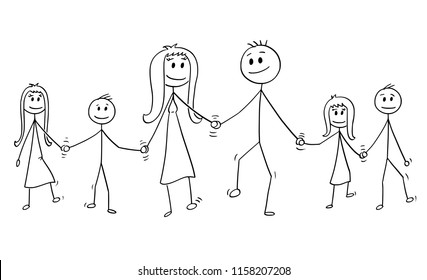 Cartoon Stick Drawing Conceptual Illustration Of Big Family. Parents, Man And Woman And Four Children, Boy And Girl Are Walking While Holding Hands.