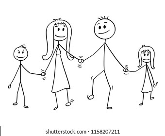 Cartoon stick drawing conceptual illustration of family. Parents, man and woman and two children, boy and girl are walking while holding hands.