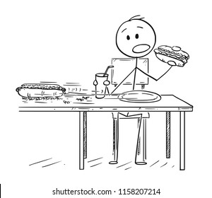 Cartoon stick drawing conceptual illustration of man eating hotdog and drinking cola or carbonated beverage, while ants are stealing his second hotdog.