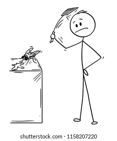 Cartoon stick drawing conceptual illustration of man hitting and killing a fly with swatter or flapper or fly-flap.