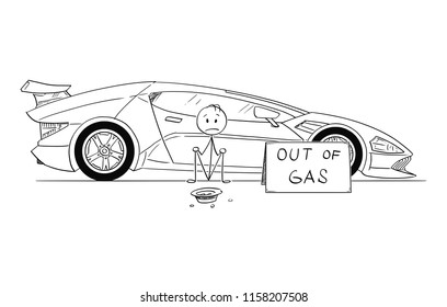 Cartoon stick drawing conceptual illustration of man, owner of expensive super sport car, sitting and begging for gas money. Concept of luxury and poverty. There is out of gas sign.