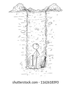 Cartoon stick drawing conceptual illustration of man trapped alone down on the bottom of deep and huge hole in the ground he dig, most likely as water well.