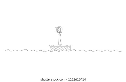 Cartoon stick drawing conceptual illustration of woman or businesswoman standing alone on the raft in the middle of ocean or nowhere looking for some hope or options to change his situation.