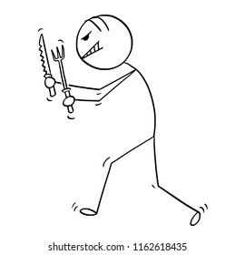 Cartoon stick drawing conceptual illustration of insane and mad man walking with fork and knife. He is ready to eat.