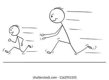 Cartoon stick drawing conceptual illustration of frustrated and angry father chasing naughty and disobedient son.