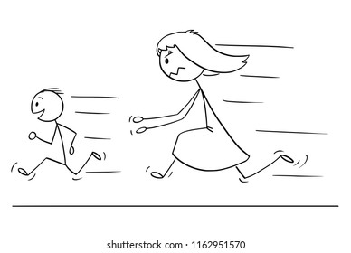 Cartoon stick drawing conceptual illustration of frustrated and angry mother chasing naughty and disobedient son.