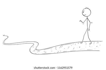 Cartoon stick drawing conceptual illustration of man or businessman walking on path or way ending in infinity.